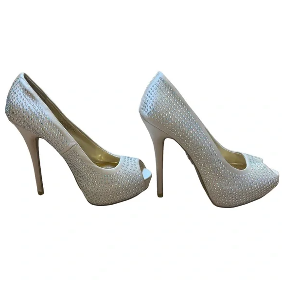 JLO Jennifer Lopez Blingy Blush 6 M Rhinestone Heels~ Dress Shoes Peep Toe - Picture 8 of 13